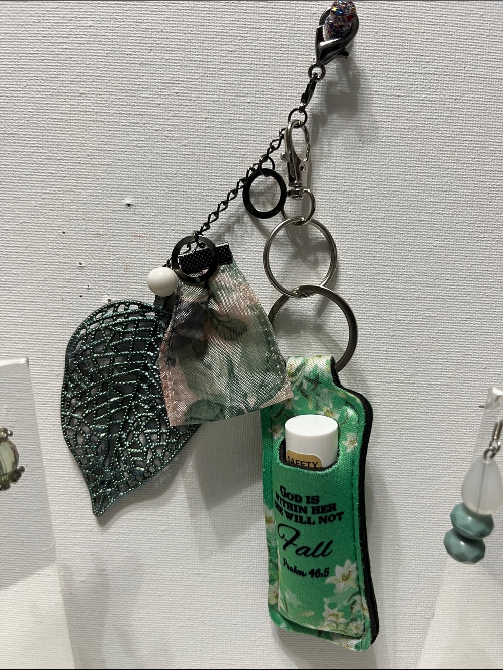 Gift Set Green Floral Lip Balm Keychain Bible Scripture Christian 2pr Earrings